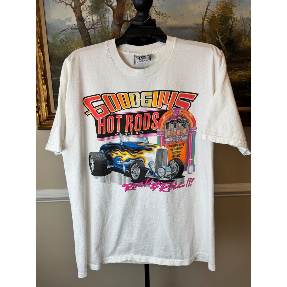 Vtg 90s Goodguys Hot Rods Car Graphic 2 Side Tee XL White Lee Total Cotton USA